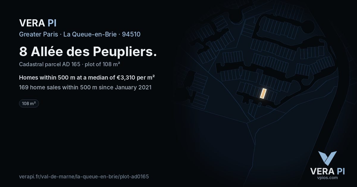 8 Allée des Peupliers, La Queue-en-Brie at night – the plot lit, the parcels around coloured by the prices near them
