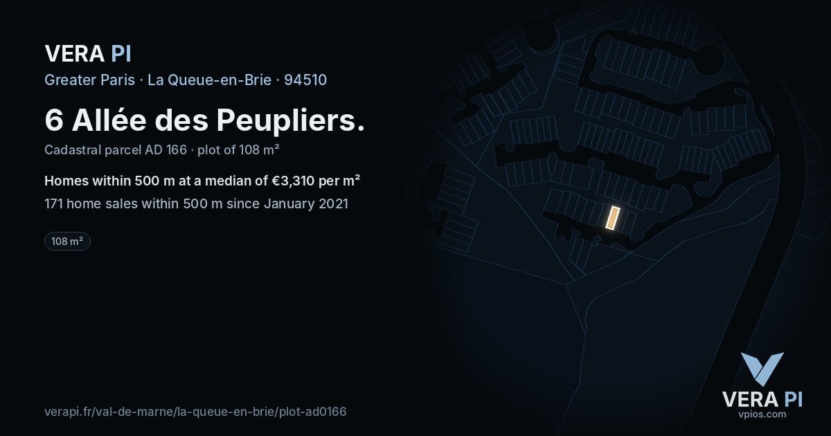 6 Allée des Peupliers, La Queue-en-Brie at night – the plot lit, the parcels around coloured by the prices near them
