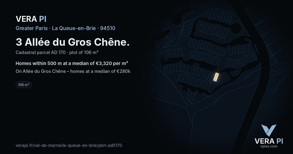3 Allée du Gros Chêne, La Queue-en-Brie at night – the plot lit, the parcels around coloured by the prices near them
