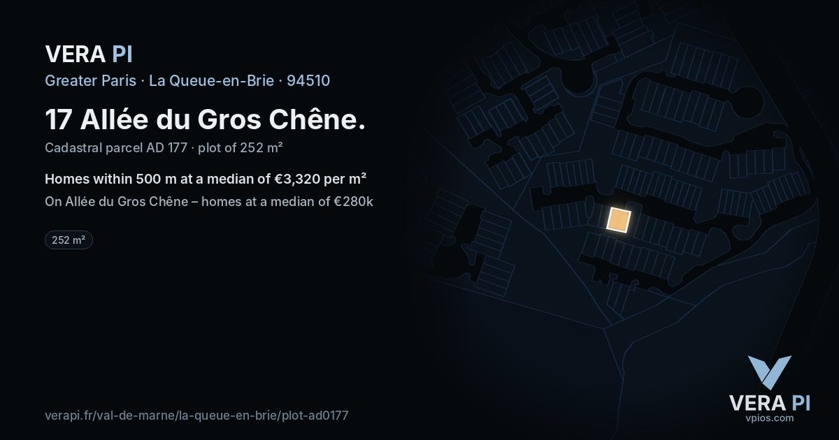 17 Allée du Gros Chêne, La Queue-en-Brie at night – the plot lit, the parcels around coloured by the prices near them