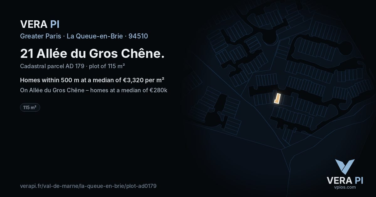 21 Allée du Gros Chêne, La Queue-en-Brie at night – the plot lit, the parcels around coloured by the prices near them