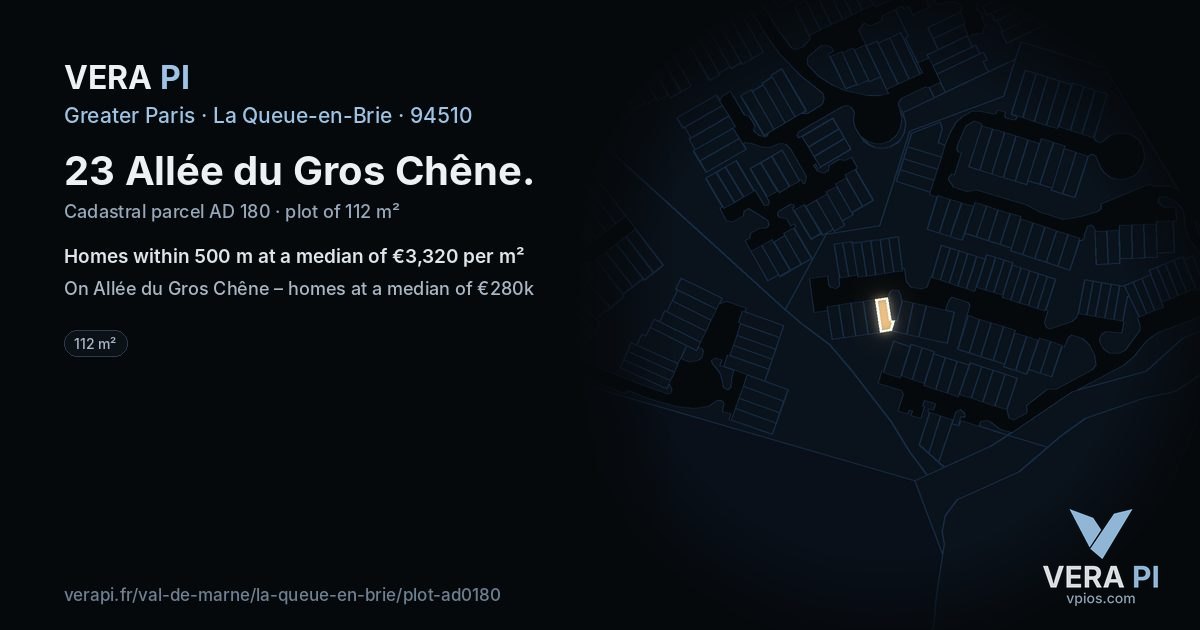 23 Allée du Gros Chêne, La Queue-en-Brie at night – the plot lit, the parcels around coloured by the prices near them