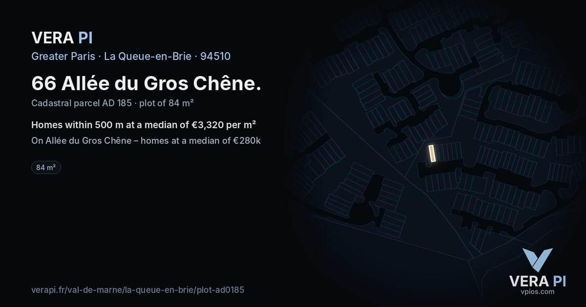 66 Allée du Gros Chêne, La Queue-en-Brie at night – the plot lit, the parcels around coloured by the prices near them