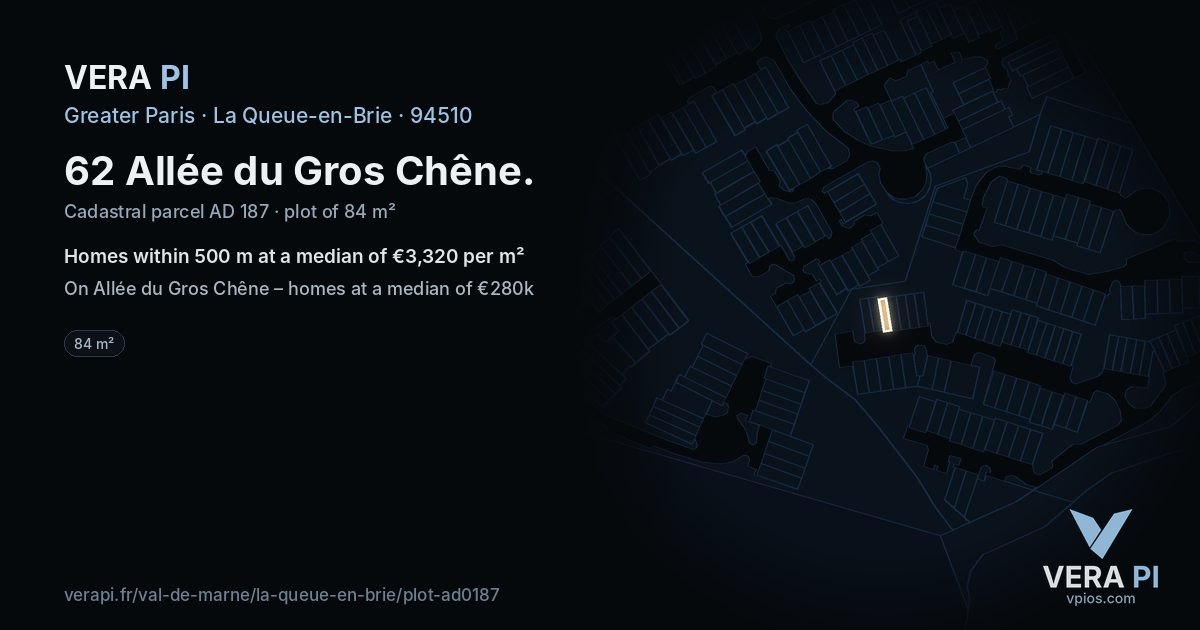 62 Allée du Gros Chêne, La Queue-en-Brie at night – the plot lit, the parcels around coloured by the prices near them