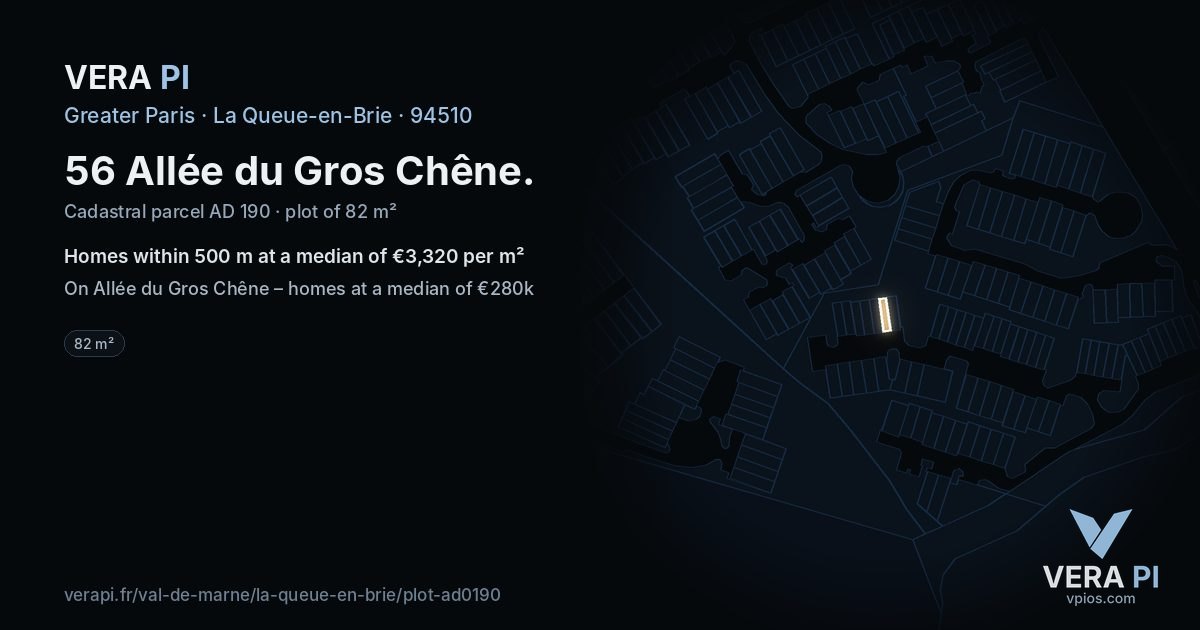 56 Allée du Gros Chêne, La Queue-en-Brie at night – the plot lit, the parcels around coloured by the prices near them