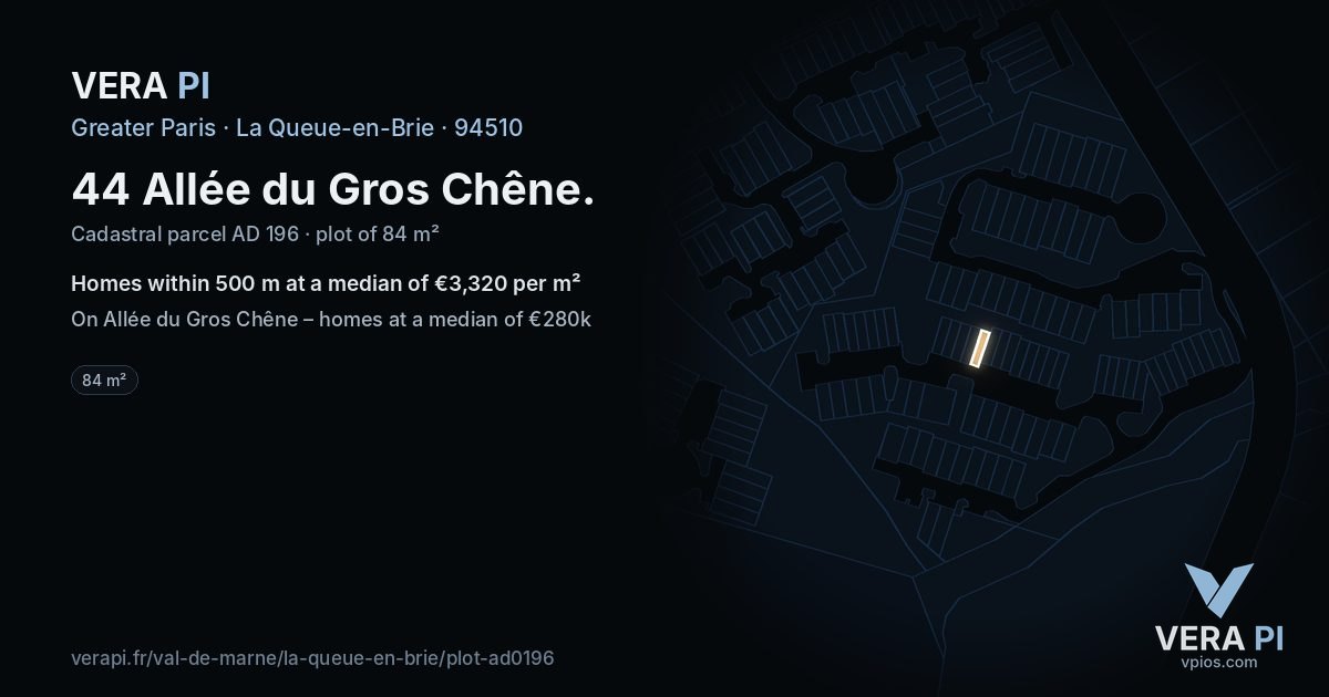 44 Allée du Gros Chêne, La Queue-en-Brie at night – the plot lit, the parcels around coloured by the prices near them