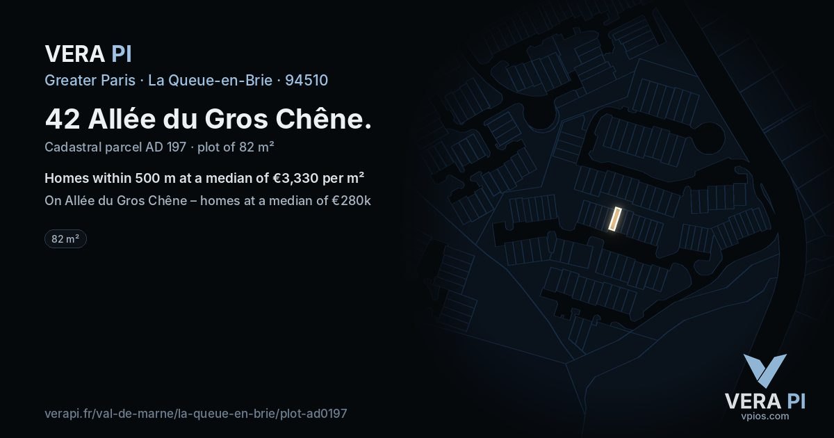 42 Allée du Gros Chêne, La Queue-en-Brie at night – the plot lit, the parcels around coloured by the prices near them