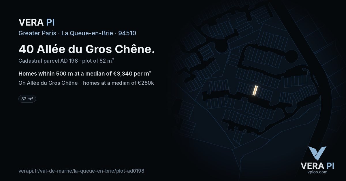 40 Allée du Gros Chêne, La Queue-en-Brie at night – the plot lit, the parcels around coloured by the prices near them
