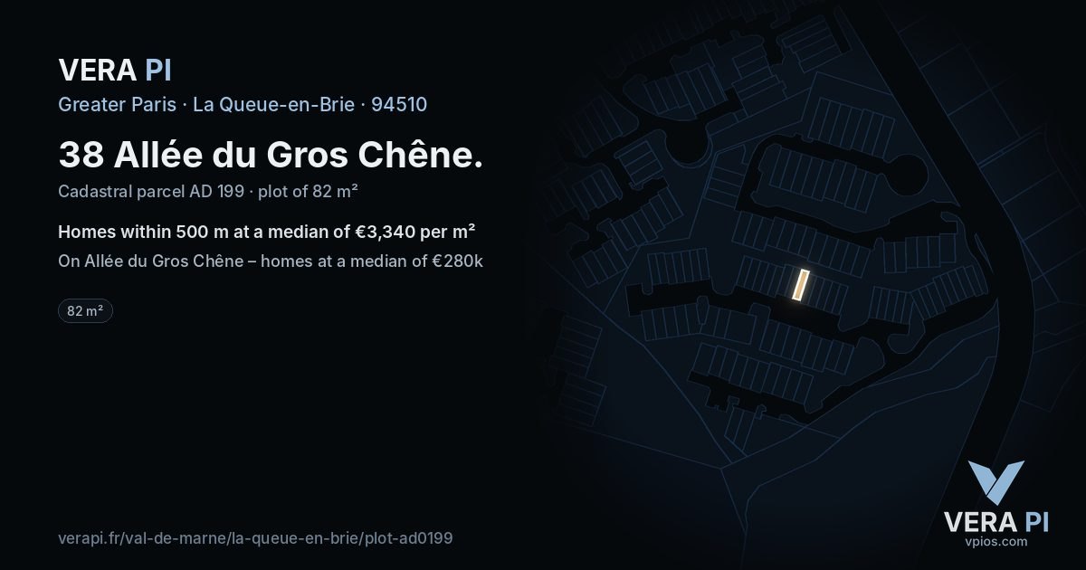 38 Allée du Gros Chêne, La Queue-en-Brie at night – the plot lit, the parcels around coloured by the prices near them