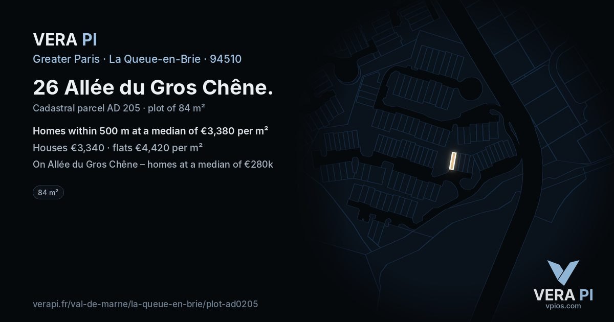 26 Allée du Gros Chêne, La Queue-en-Brie at night – the plot lit, the parcels around coloured by the prices near them