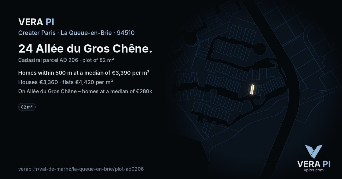24 Allée du Gros Chêne, La Queue-en-Brie at night – the plot lit, the parcels around coloured by the prices near them