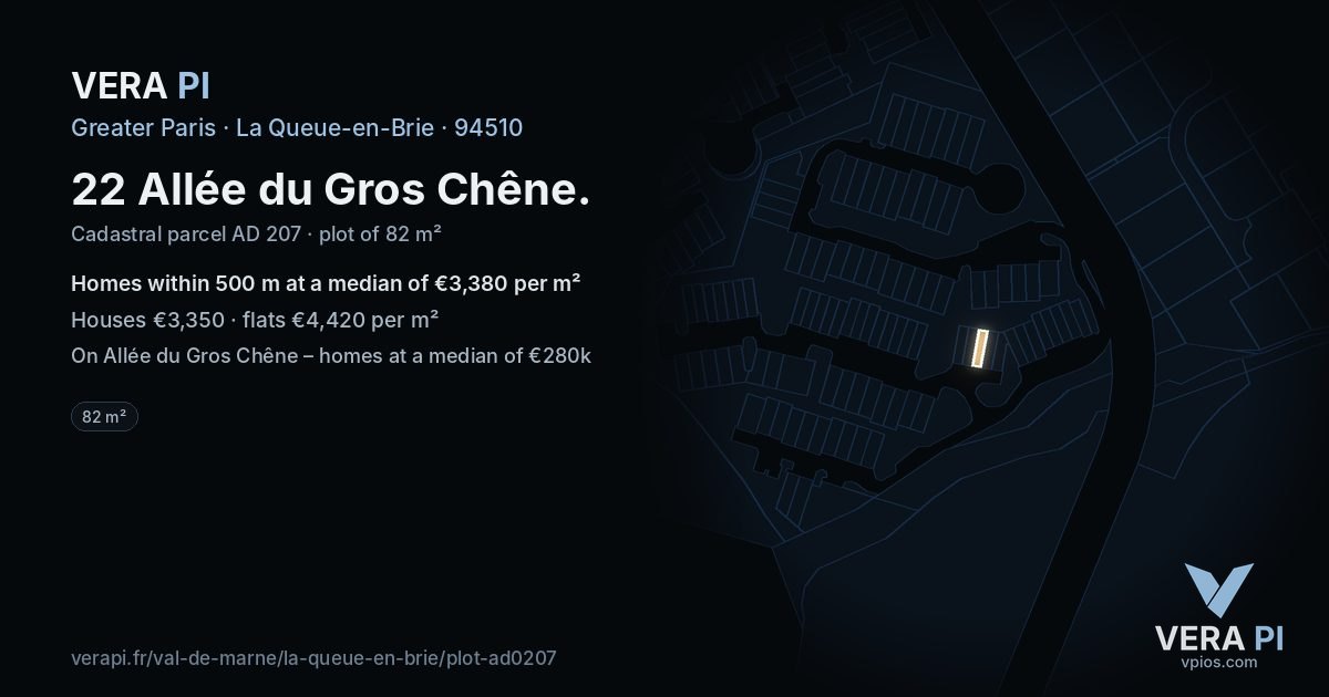 22 Allée du Gros Chêne, La Queue-en-Brie at night – the plot lit, the parcels around coloured by the prices near them