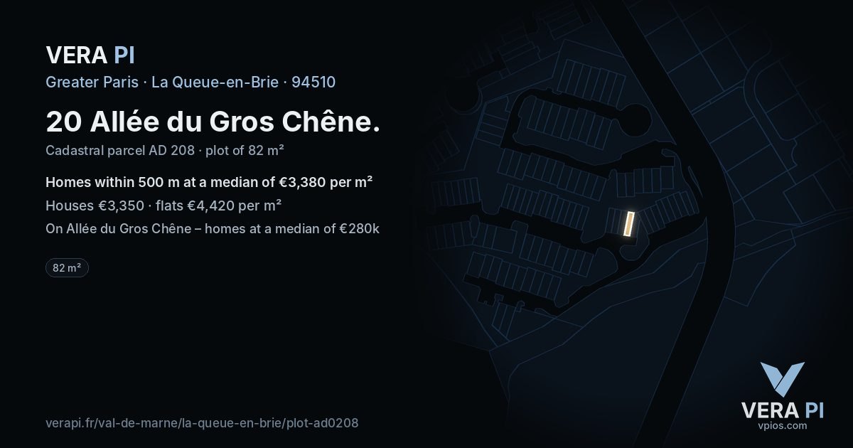 20 Allée du Gros Chêne, La Queue-en-Brie at night – the plot lit, the parcels around coloured by the prices near them