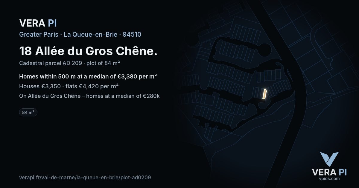 18 Allée du Gros Chêne, La Queue-en-Brie at night – the plot lit, the parcels around coloured by the prices near them