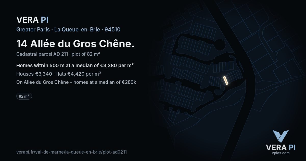 14 Allée du Gros Chêne, La Queue-en-Brie at night – the plot lit, the parcels around coloured by the prices near them