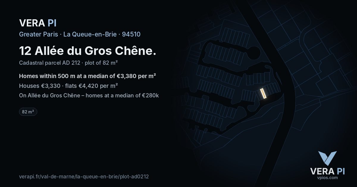 12 Allée du Gros Chêne, La Queue-en-Brie at night – the plot lit, the parcels around coloured by the prices near them