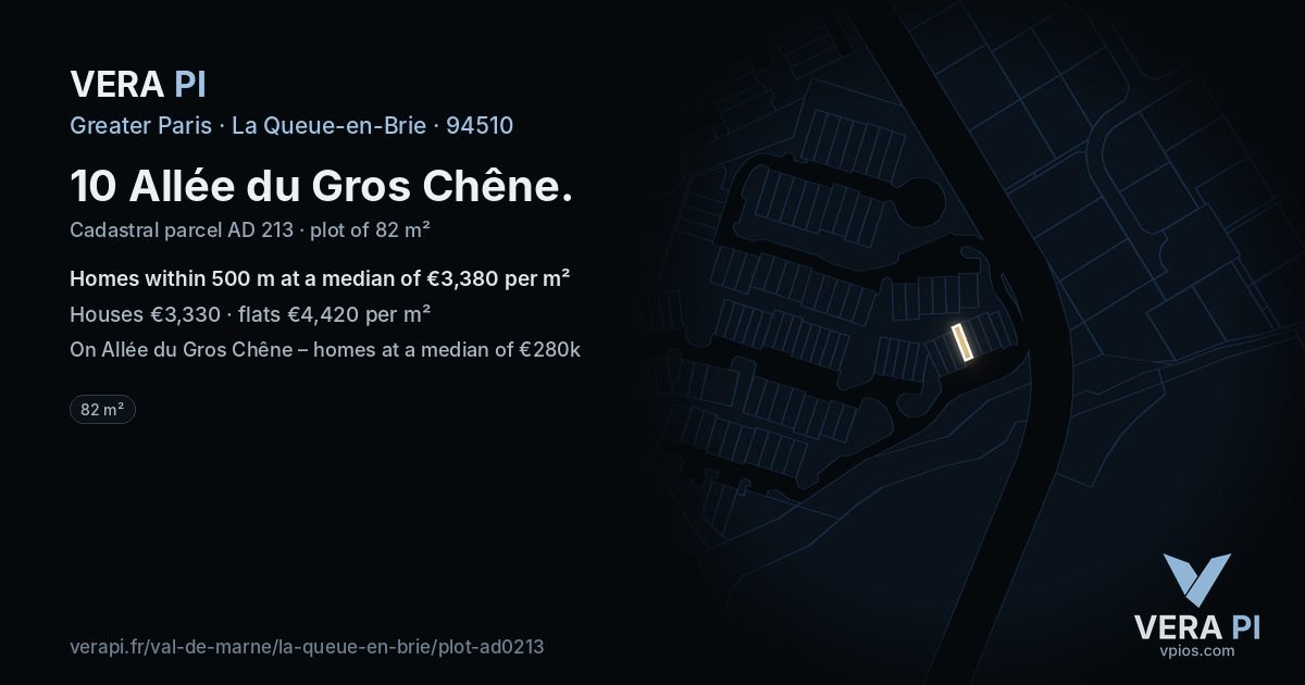 10 Allée du Gros Chêne, La Queue-en-Brie at night – the plot lit, the parcels around coloured by the prices near them