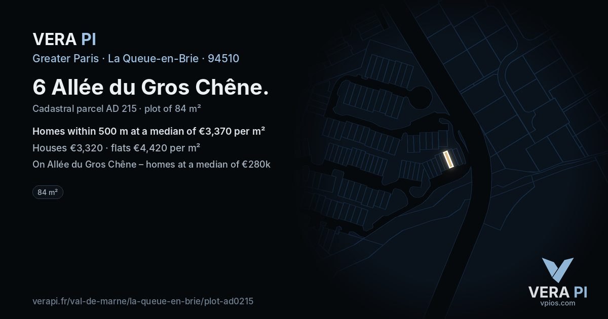 6 Allée du Gros Chêne, La Queue-en-Brie at night – the plot lit, the parcels around coloured by the prices near them