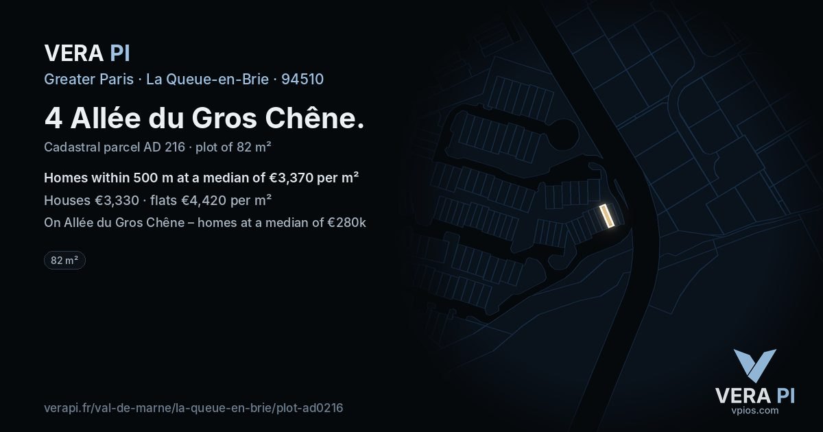 4 Allée du Gros Chêne, La Queue-en-Brie at night – the plot lit, the parcels around coloured by the prices near them