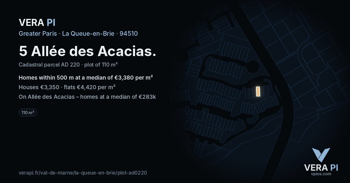 5 Allée des Acacias, La Queue-en-Brie at night – the plot lit, the parcels around coloured by the prices near them