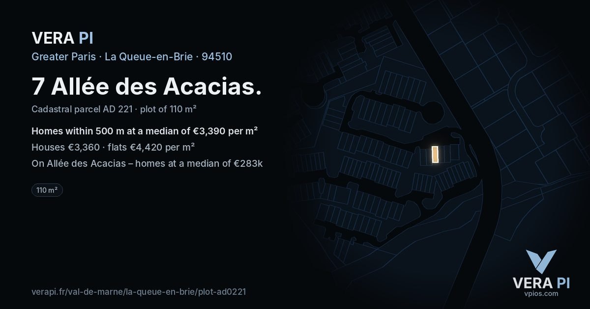 7 Allée des Acacias, La Queue-en-Brie at night – the plot lit, the parcels around coloured by the prices near them