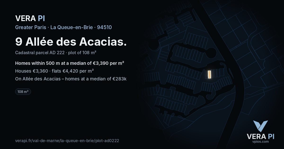 9 Allée des Acacias, La Queue-en-Brie at night – the plot lit, the parcels around coloured by the prices near them
