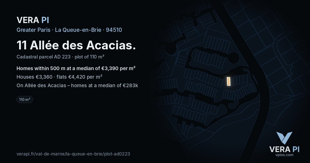 11 Allée des Acacias, La Queue-en-Brie at night – the plot lit, the parcels around coloured by the prices near them