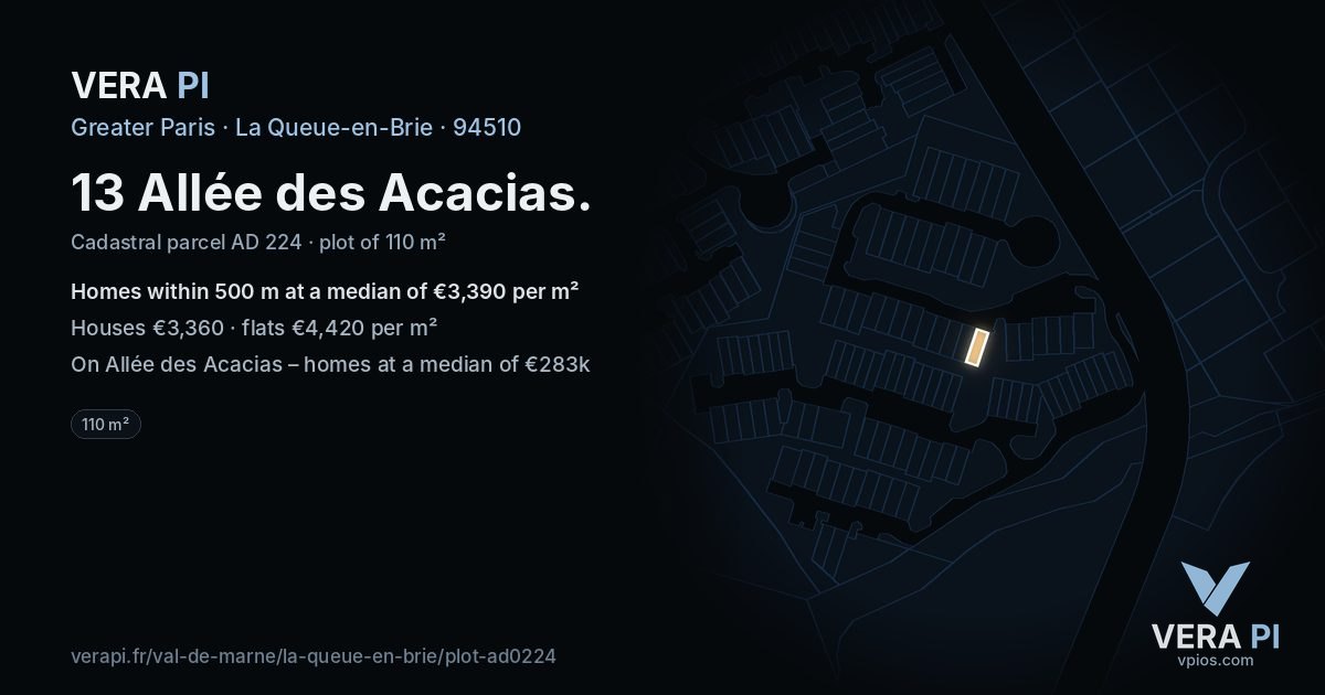 13 Allée des Acacias, La Queue-en-Brie at night – the plot lit, the parcels around coloured by the prices near them