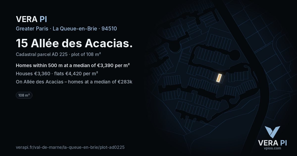 15 Allée des Acacias, La Queue-en-Brie at night – the plot lit, the parcels around coloured by the prices near them