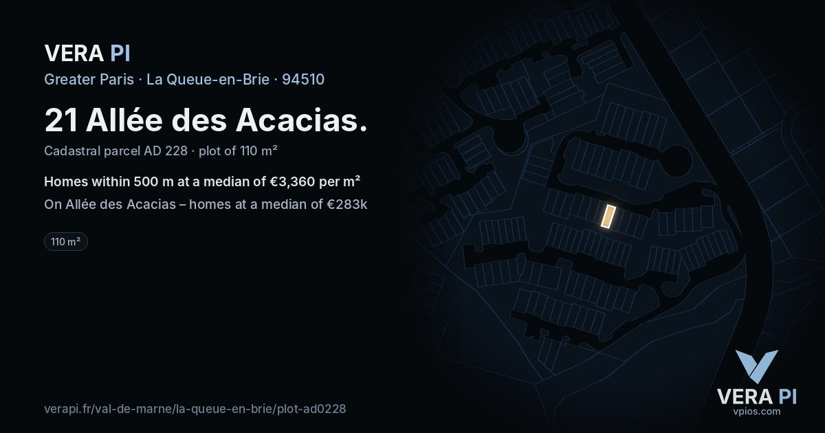 21 Allée des Acacias, La Queue-en-Brie at night – the plot lit, the parcels around coloured by the prices near them