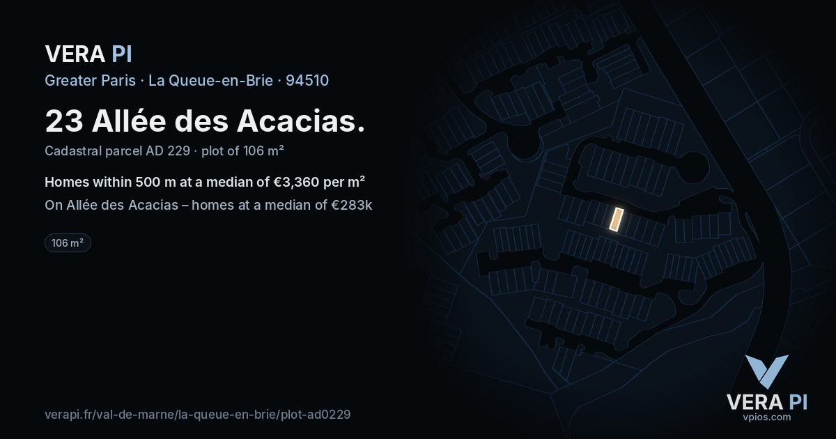 23 Allée des Acacias, La Queue-en-Brie at night – the plot lit, the parcels around coloured by the prices near them