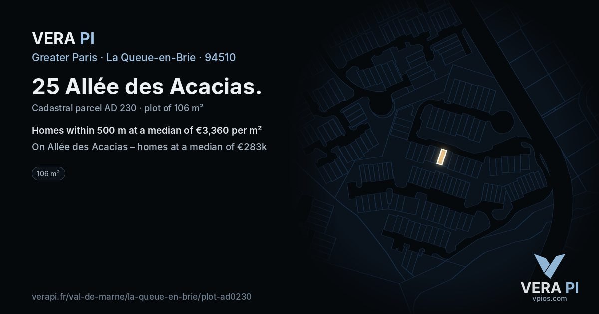 25 Allée des Acacias, La Queue-en-Brie at night – the plot lit, the parcels around coloured by the prices near them