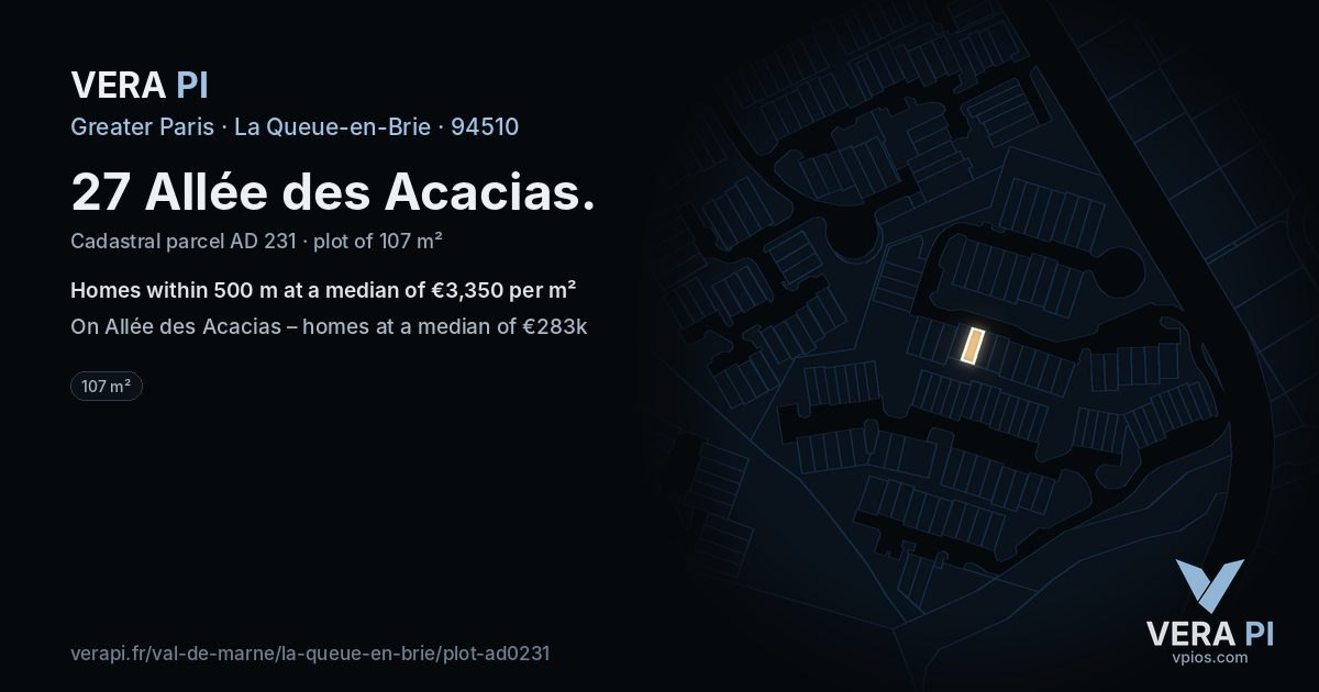 27 Allée des Acacias, La Queue-en-Brie at night – the plot lit, the parcels around coloured by the prices near them