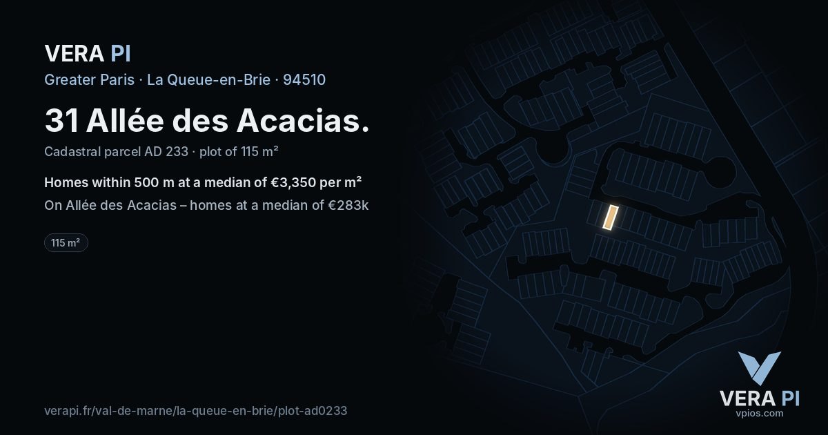 31 Allée des Acacias, La Queue-en-Brie at night – the plot lit, the parcels around coloured by the prices near them