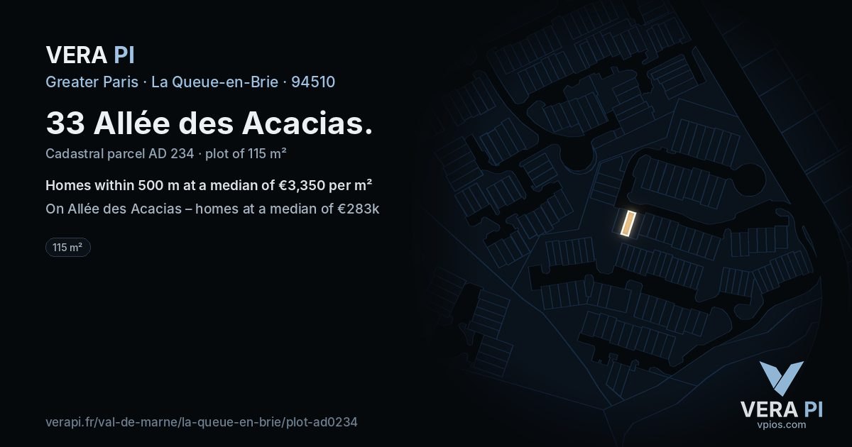 33 Allée des Acacias, La Queue-en-Brie at night – the plot lit, the parcels around coloured by the prices near them