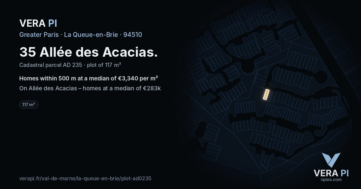35 Allée des Acacias, La Queue-en-Brie at night – the plot lit, the parcels around coloured by the prices near them