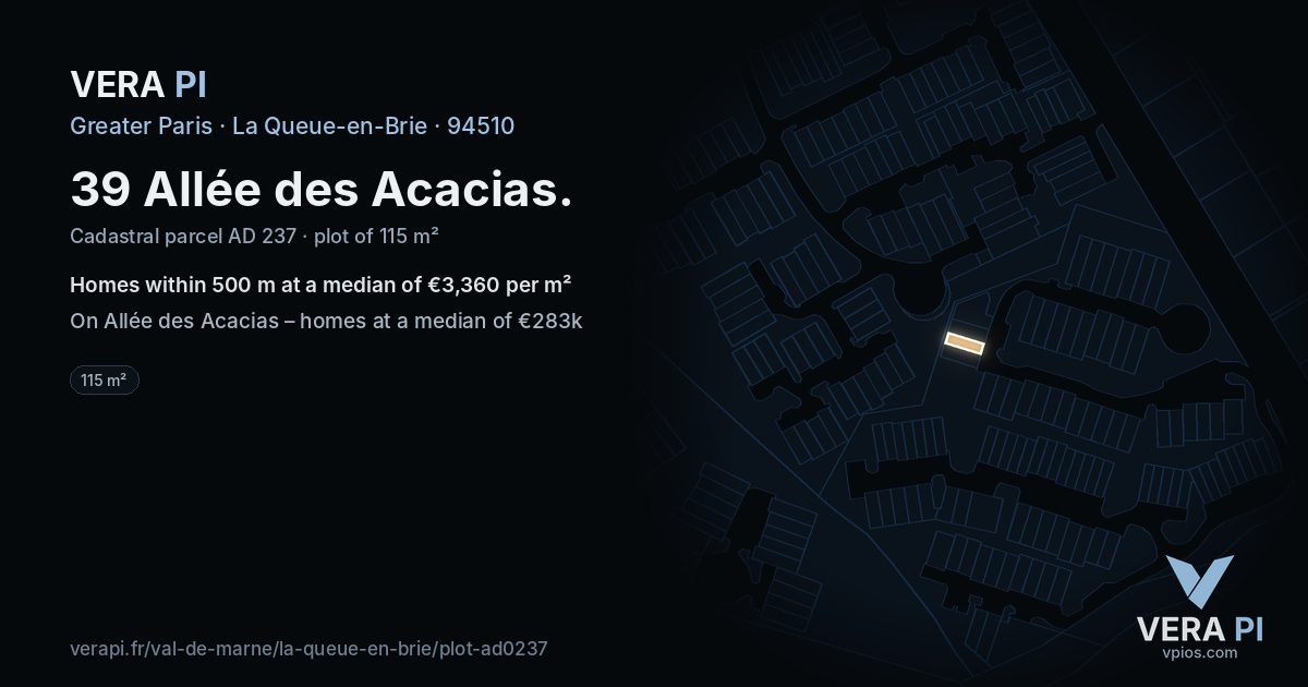 39 Allée des Acacias, La Queue-en-Brie at night – the plot lit, the parcels around coloured by the prices near them