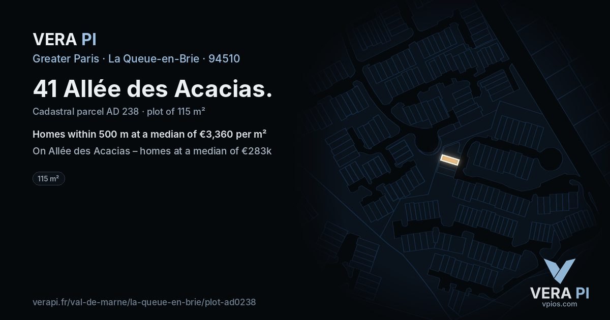 41 Allée des Acacias, La Queue-en-Brie at night – the plot lit, the parcels around coloured by the prices near them