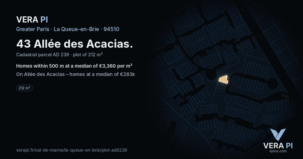 43 Allée des Acacias, La Queue-en-Brie at night – the plot lit, the parcels around coloured by the prices near them