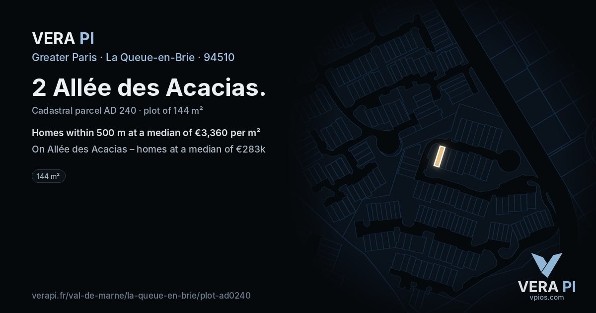 2 Allée des Acacias, La Queue-en-Brie at night – the plot lit, the parcels around coloured by the prices near them