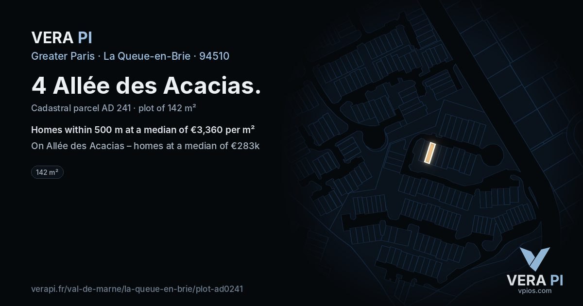 4 Allée des Acacias, La Queue-en-Brie at night – the plot lit, the parcels around coloured by the prices near them