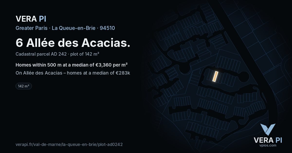 6 Allée des Acacias, La Queue-en-Brie at night – the plot lit, the parcels around coloured by the prices near them