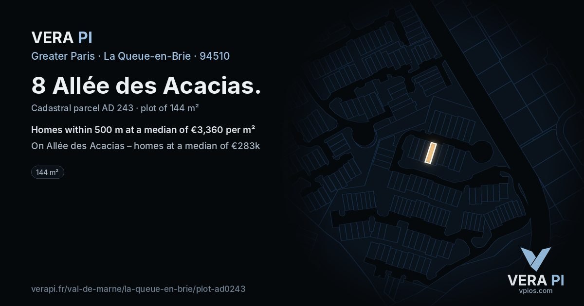 8 Allée des Acacias, La Queue-en-Brie at night – the plot lit, the parcels around coloured by the prices near them