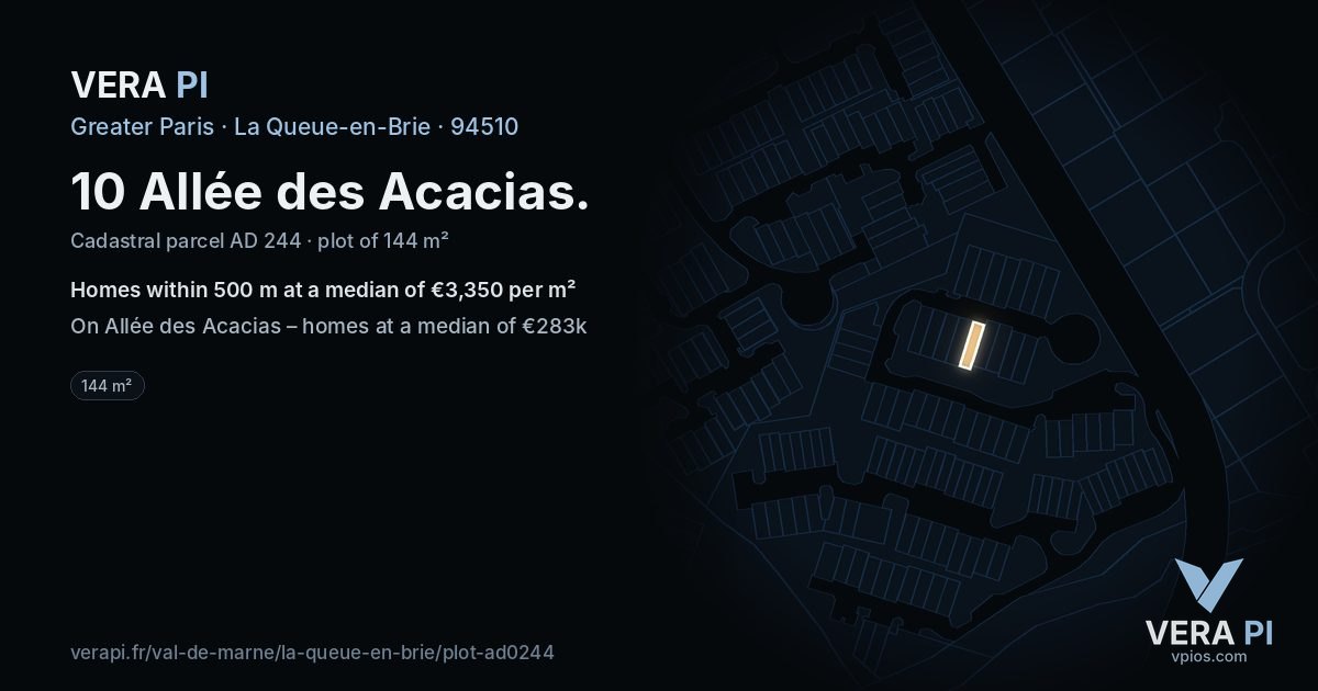 10 Allée des Acacias, La Queue-en-Brie at night – the plot lit, the parcels around coloured by the prices near them