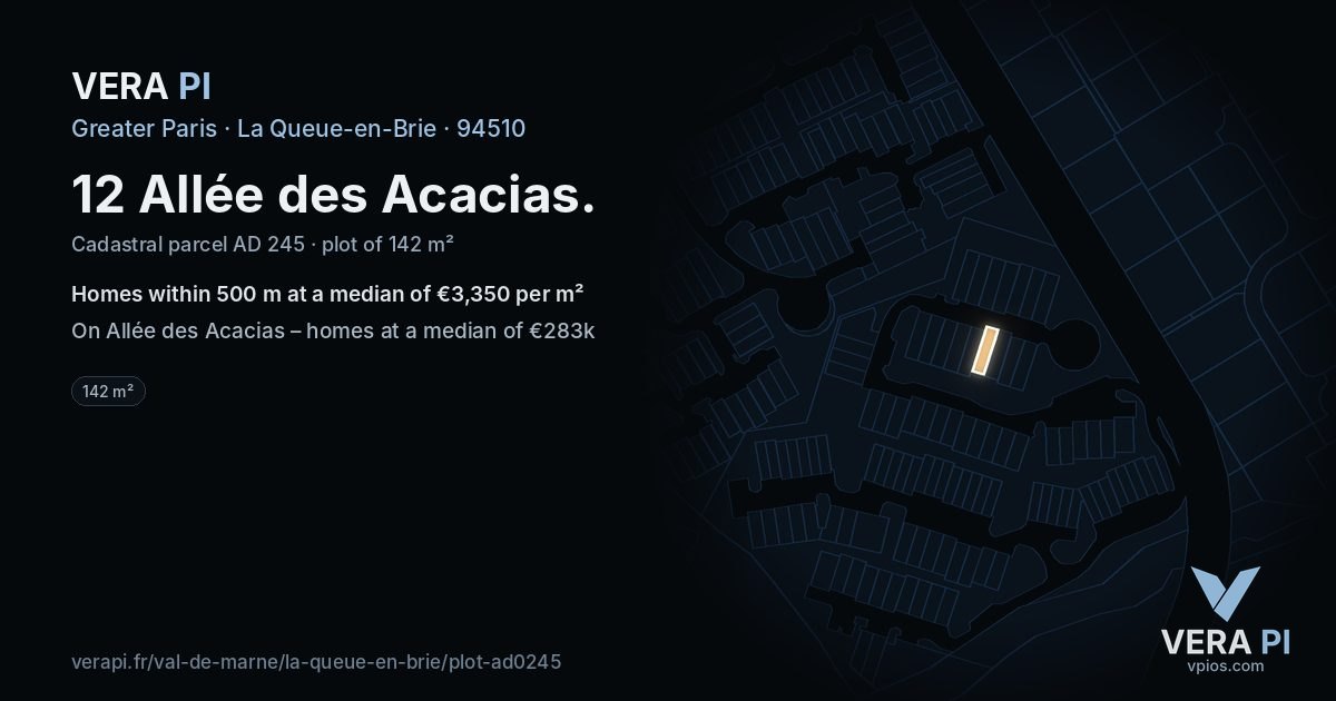 12 Allée des Acacias, La Queue-en-Brie at night – the plot lit, the parcels around coloured by the prices near them