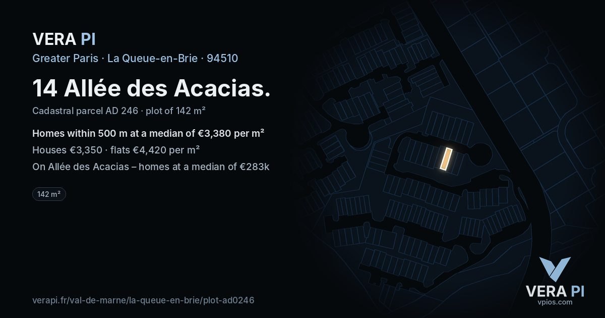 14 Allée des Acacias, La Queue-en-Brie at night – the plot lit, the parcels around coloured by the prices near them