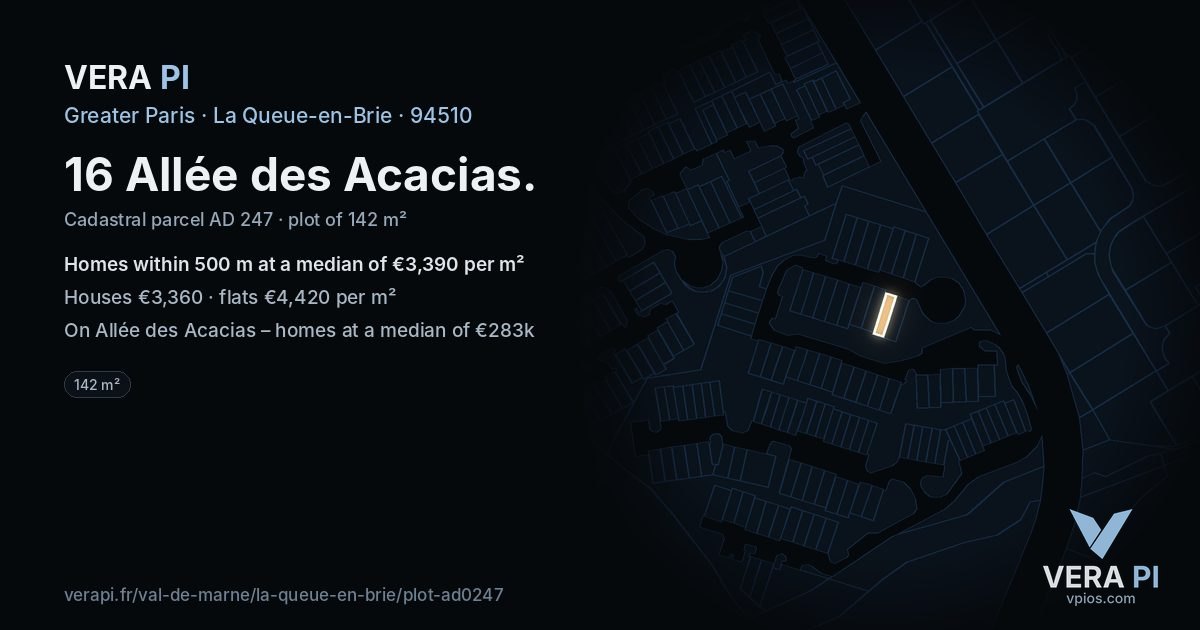 16 Allée des Acacias, La Queue-en-Brie at night – the plot lit, the parcels around coloured by the prices near them