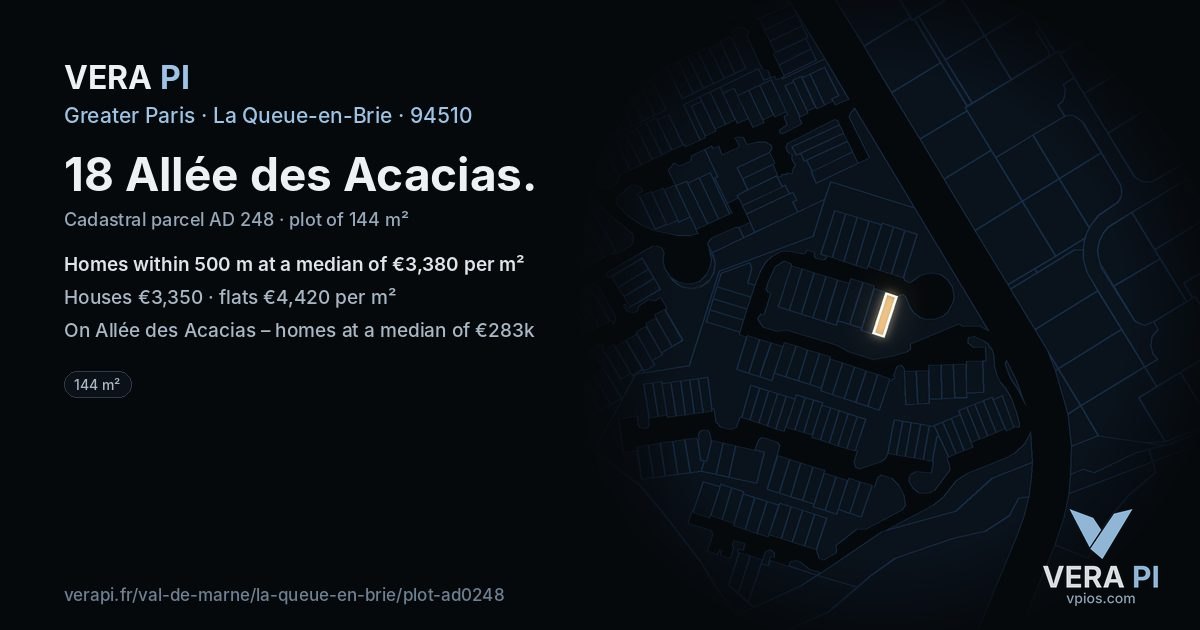 18 Allée des Acacias, La Queue-en-Brie at night – the plot lit, the parcels around coloured by the prices near them
