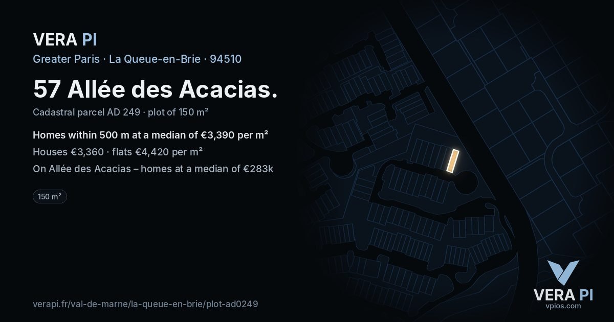 57 Allée des Acacias, La Queue-en-Brie at night – the plot lit, the parcels around coloured by the prices near them
