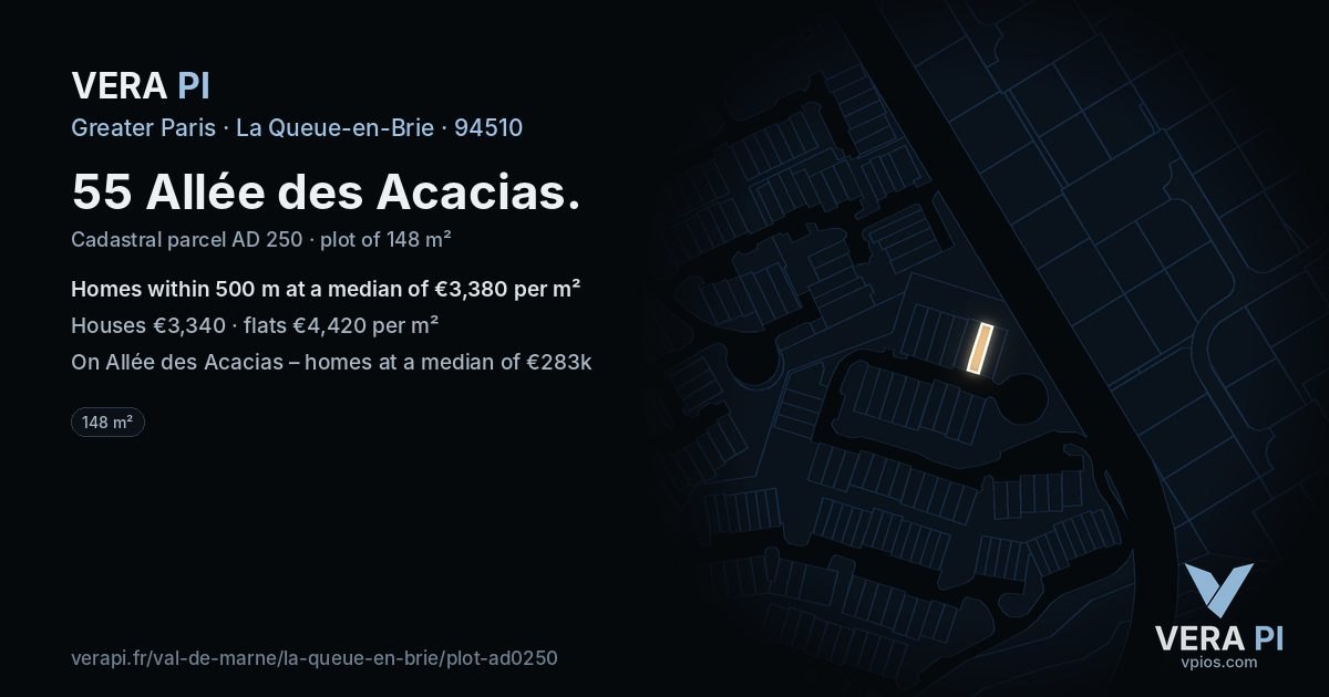 55 Allée des Acacias, La Queue-en-Brie at night – the plot lit, the parcels around coloured by the prices near them